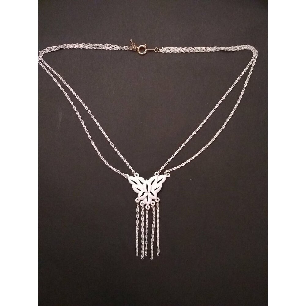Vtg Crown Trifari Necklace white enamel on metal tassel butterfly floral READ